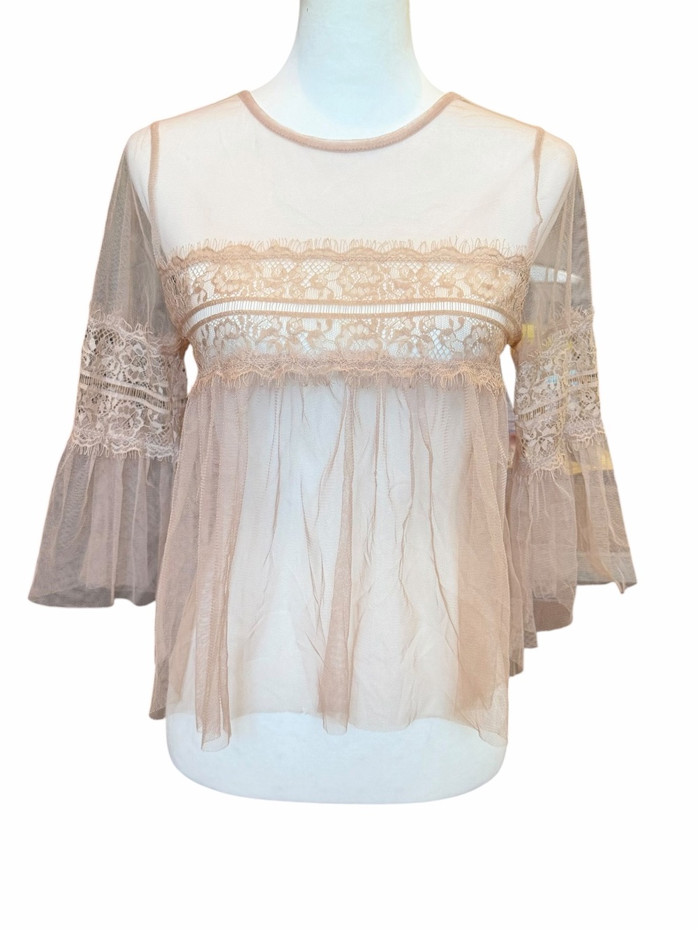 Forever 21 Sheer Blouse Juniors Small Taupe Lace Whimsigoth Victorian Coquette